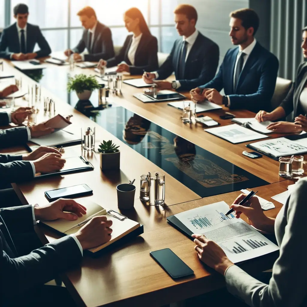 A professional business meeting setting with people practicing good etiquette, engaging in discussions around a conference table, and taking notes. Th