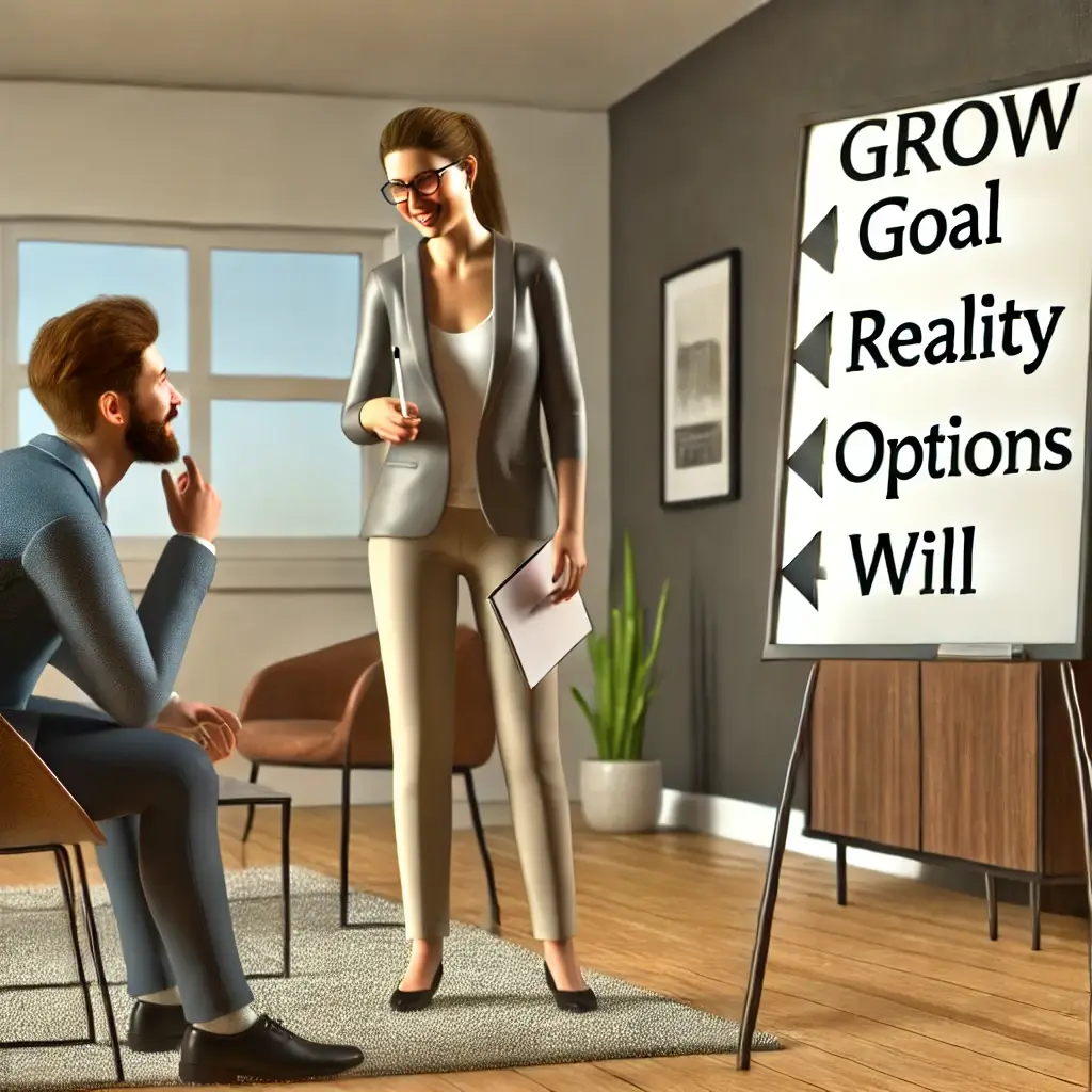 GROW coaching model in action. The scene is set in a modern office with a coach and a client engaged in a coaching