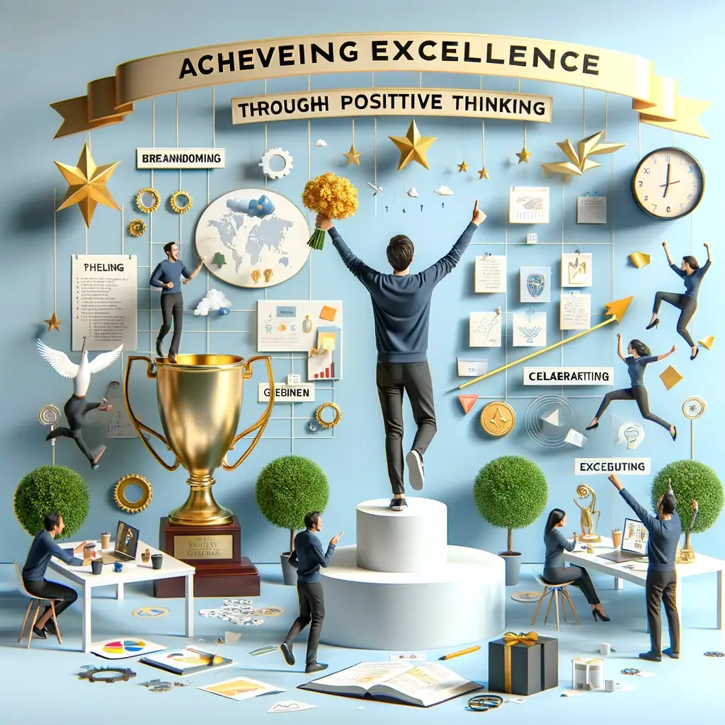 a realistic and motivating scene depicting achieving excellence through positive thinking. A person is shown reaching their goals, feeling confident a