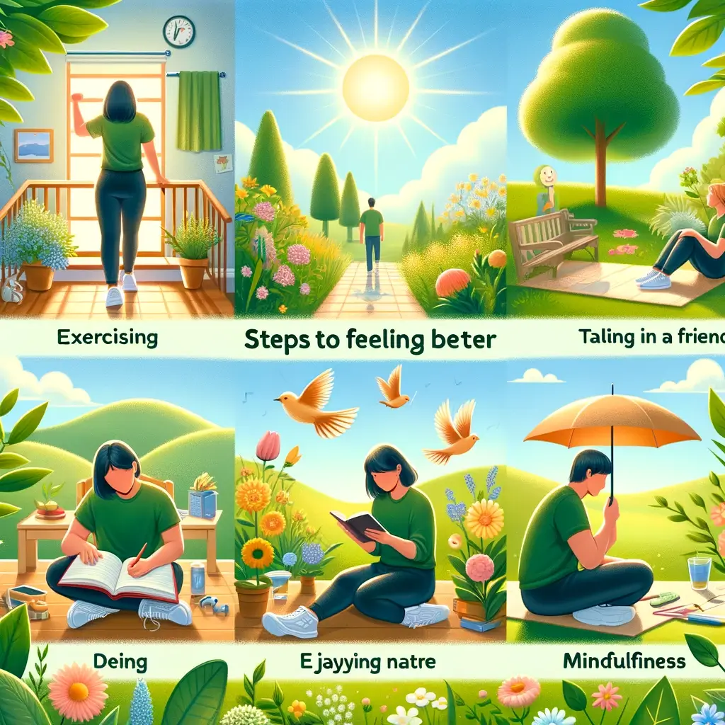 arealistic and uplifting scene depicting steps to feeling better when feeling down. A person is shown engaging in activities like exercising, journal