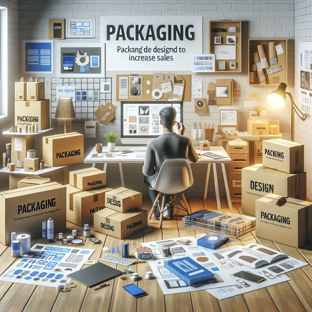 product packaging designed to increase sales. A person is shown working on packaging designs at a desk, surrounded by vari