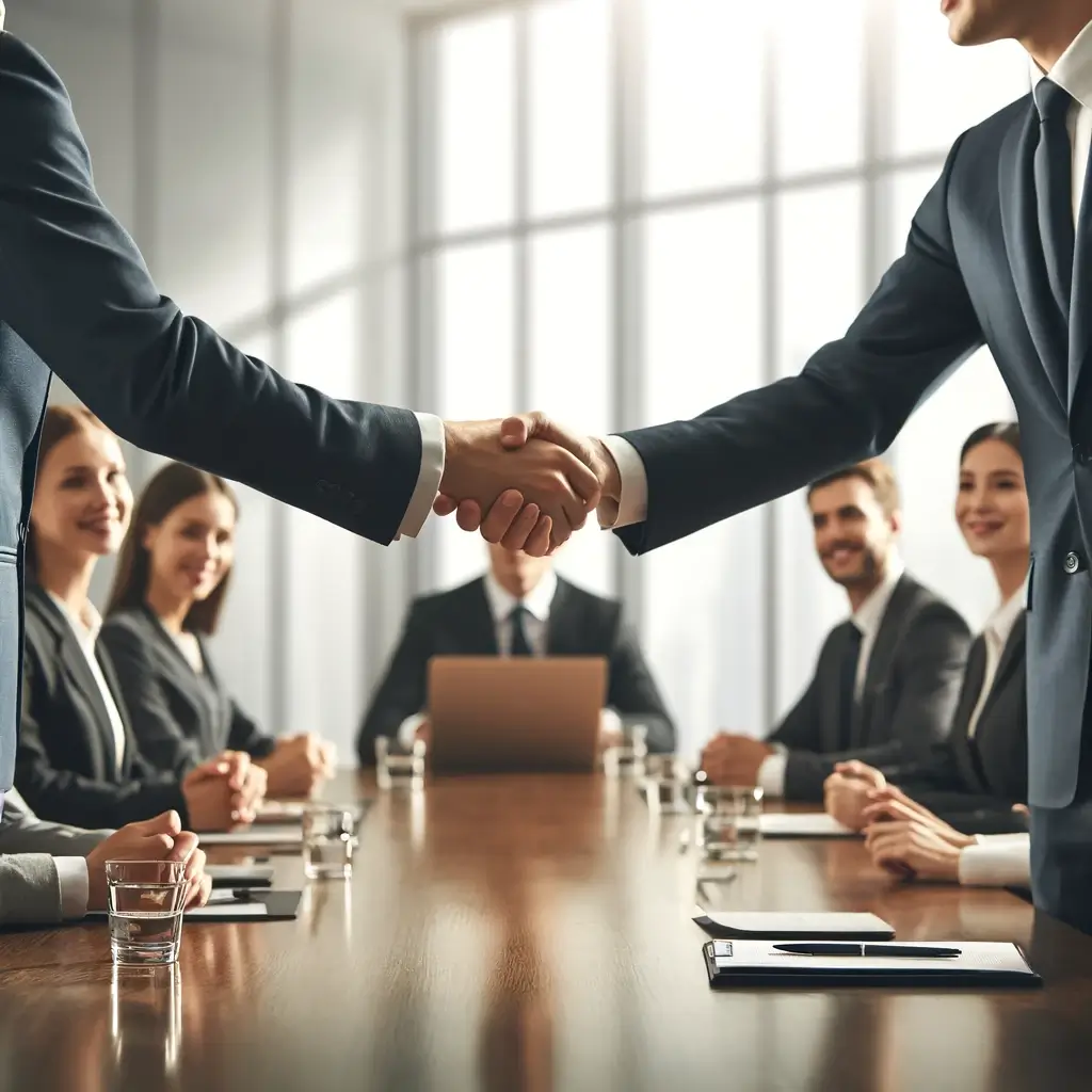 professional business setting where two people are shaking hands and introducing themselves. The scene should reflect a formal environment with indi