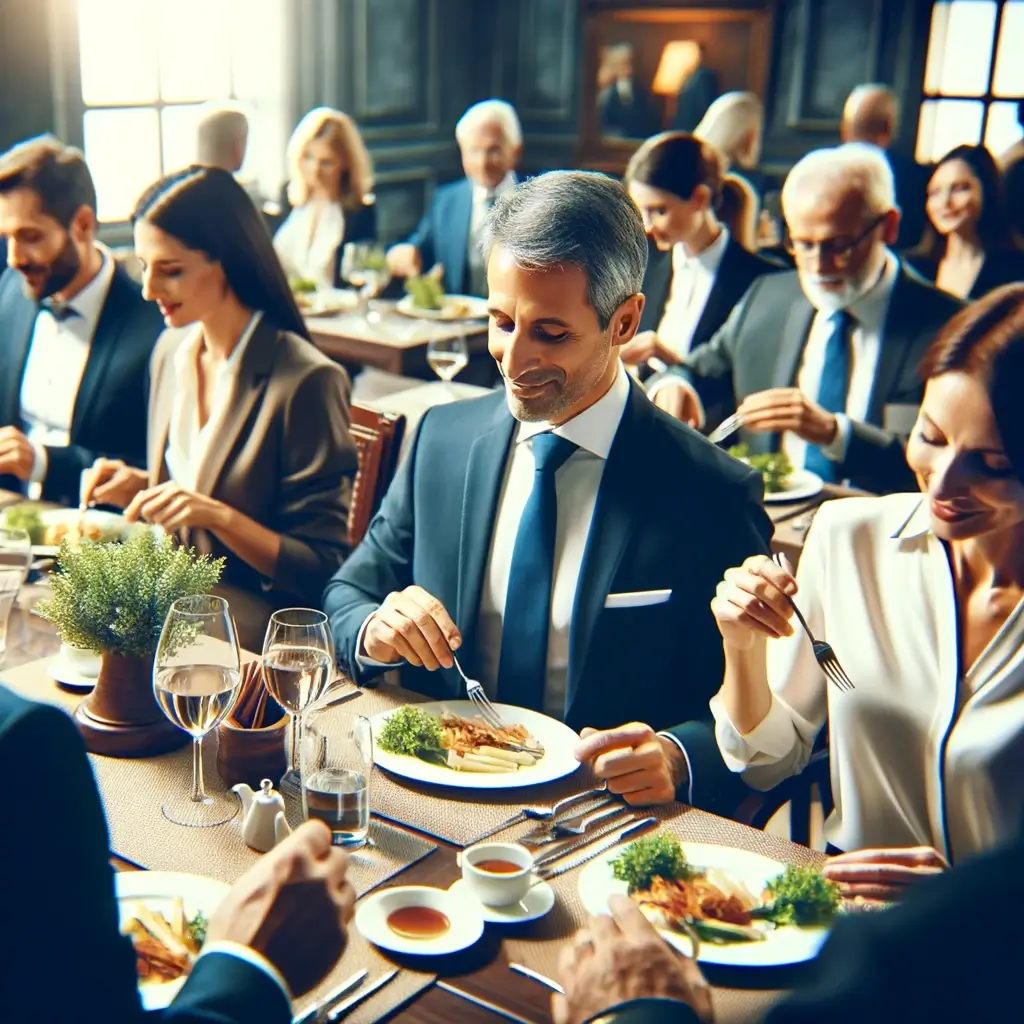 professional business setting with people enjoying a meal, engaged in conversation, and networking. The atmosphere is friendly and polite, with a fo