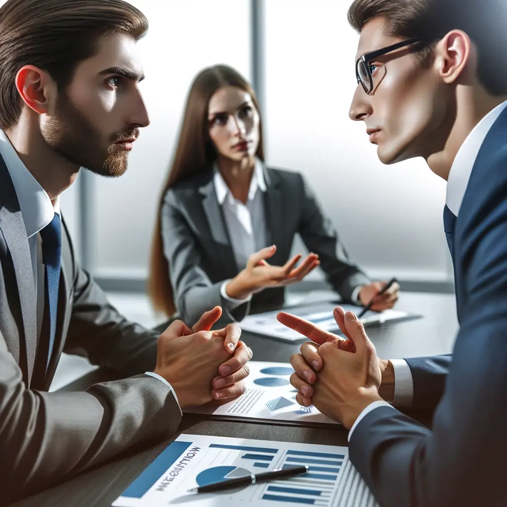 professional scene depicting negotiation and conflict resolution. The image shows two business professionals engaged in a negotiation