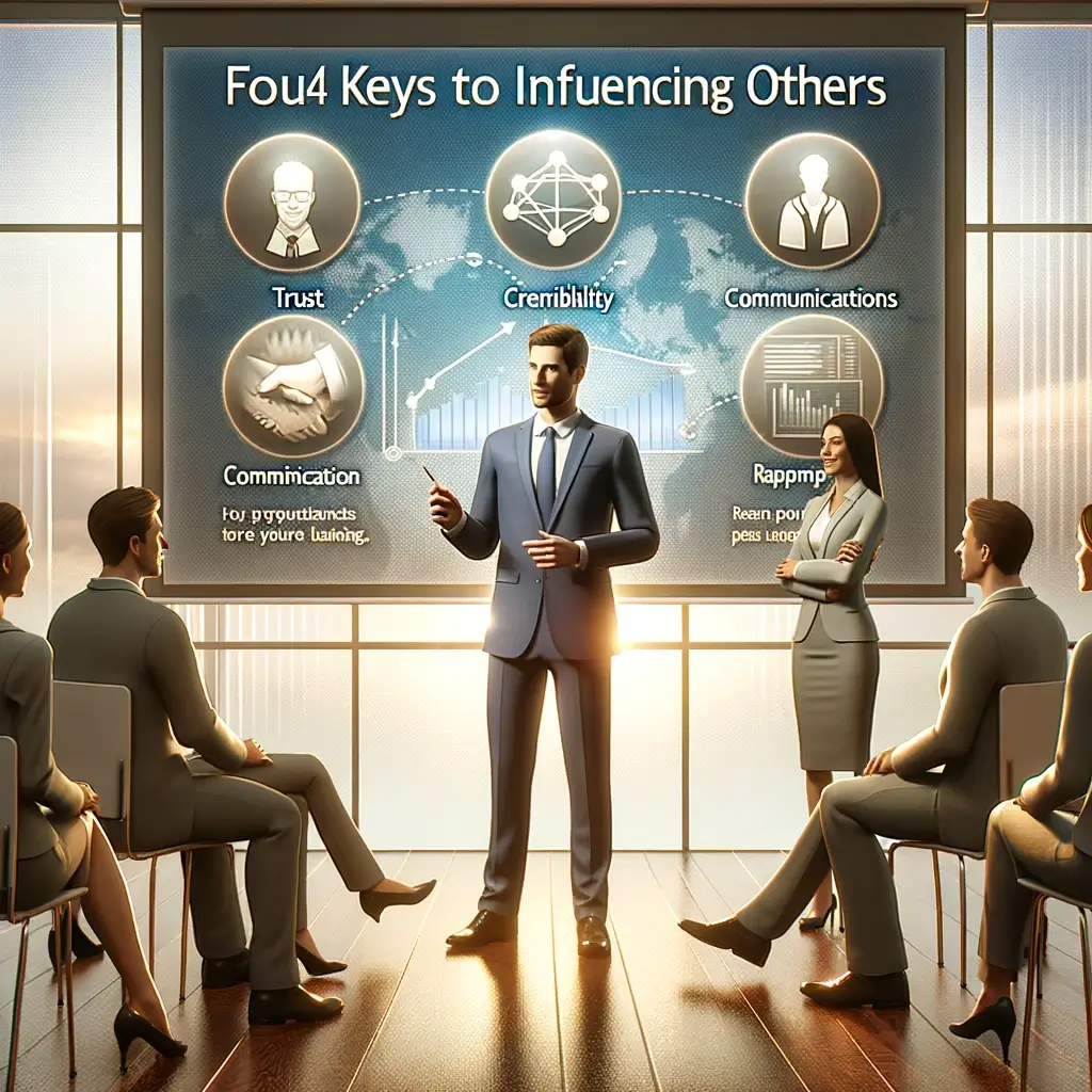 the four keys to influencing others. The image shows a business professional speaking confidently to a group