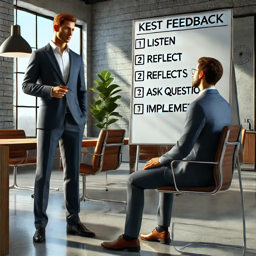 professional setting where feedback is being received. The scene shows an employee or client attentively listening to a