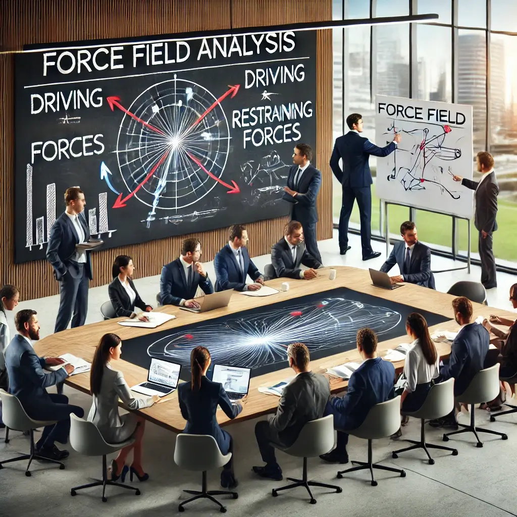 team conducting a force field analysis for decision-making in a professional setting. The scene shows a diverse group of