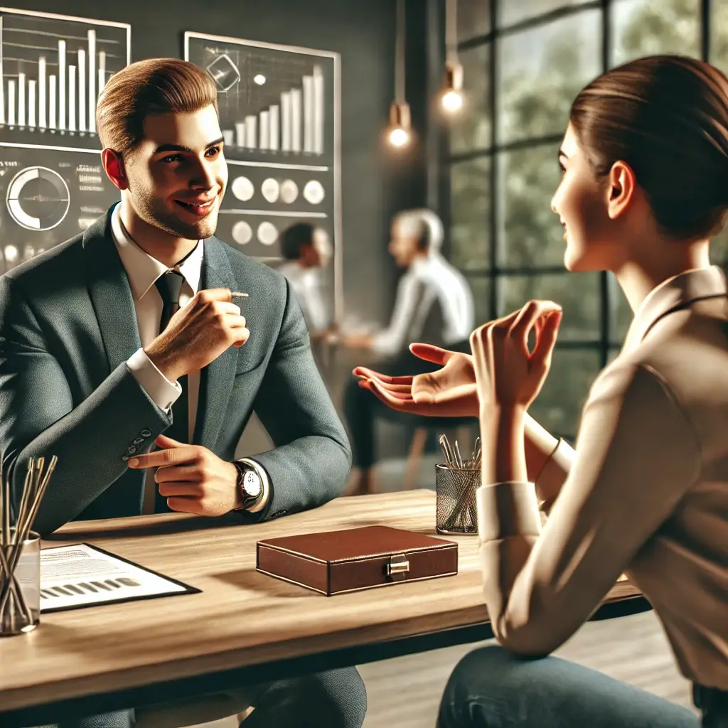 the importance of good communication skills in sales. The scene shows a salesperson engaging with a client in a modern off